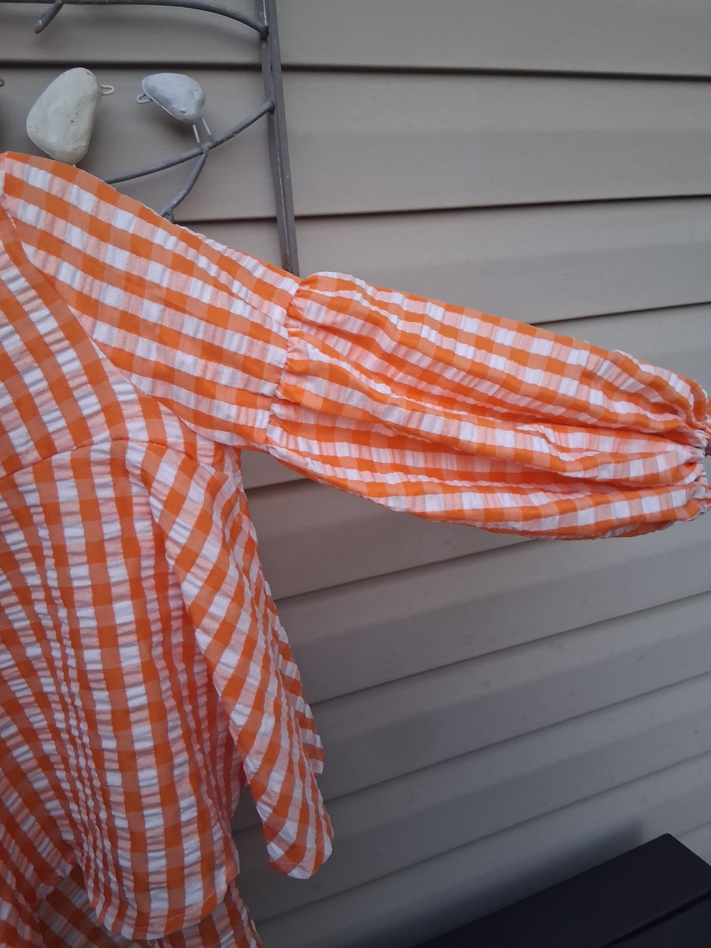 Orange and White Gingham Puff-Sleeve Blouse - Picture 4 of 6